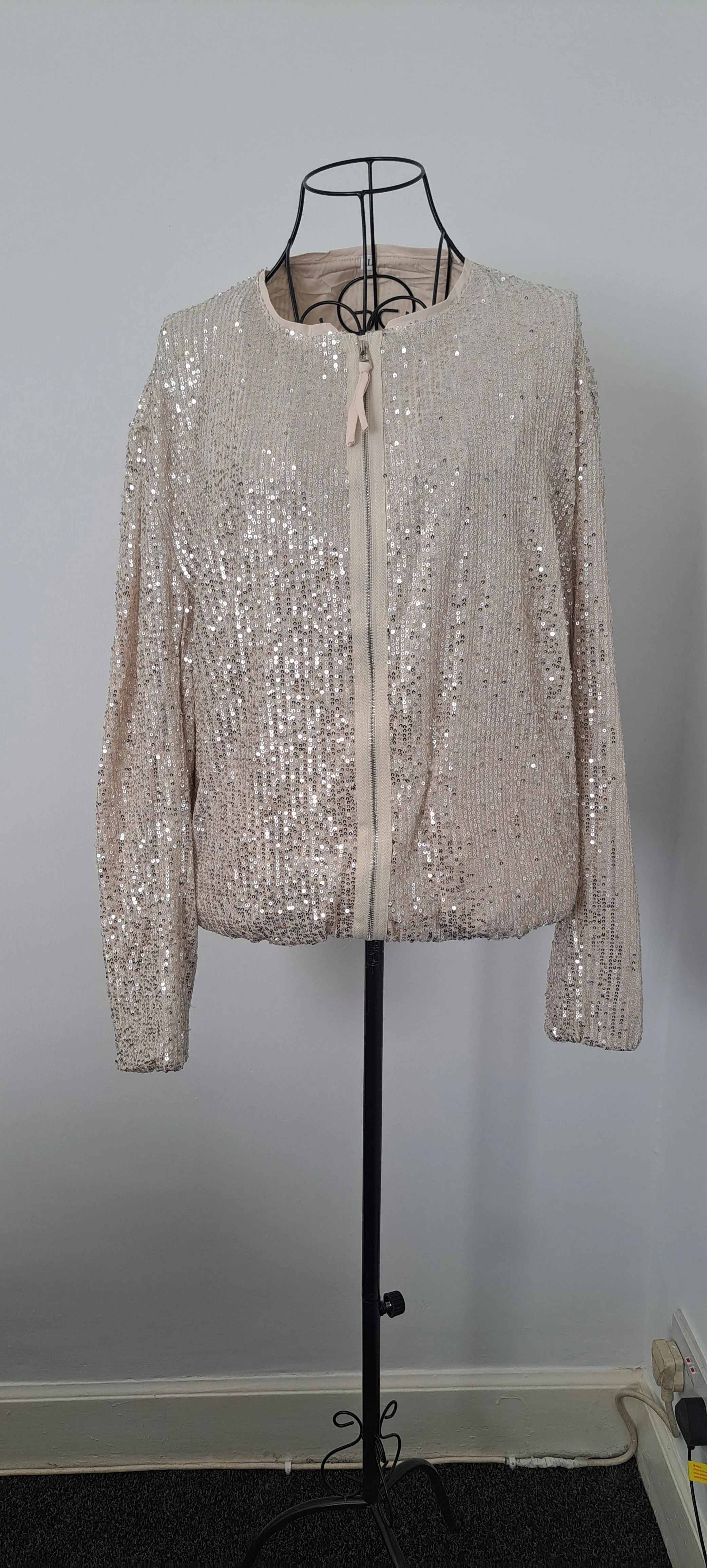 Collarless Sequin Bomber Jacket