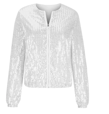 Collarless Sequin Bomber Jacket