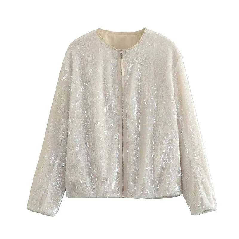 Collarless Sequin Bomber Jacket