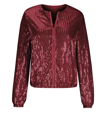 Collarless Sequin Bomber Jacket