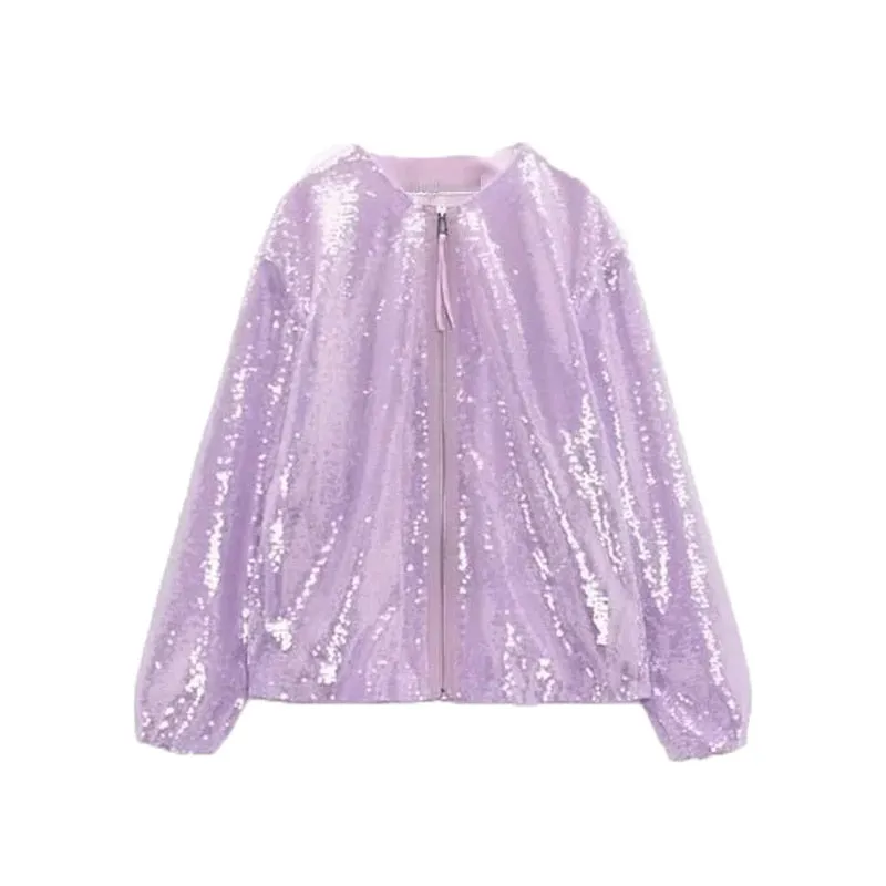 Collarless Sequin Bomber Jacket