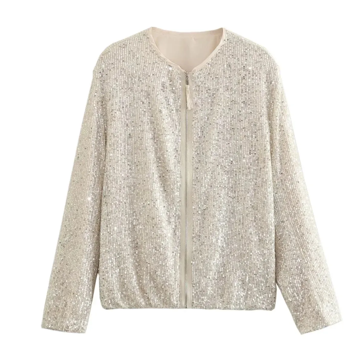 Collarless Sequin Bomber Jacket