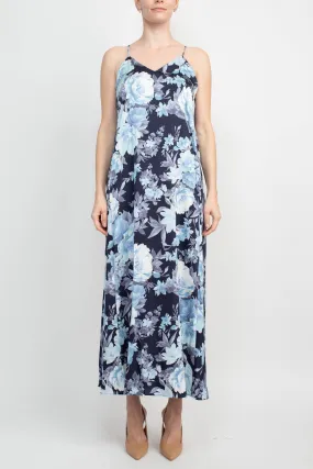 Connected Apparel V-Neck Spaghetti Strap Floral Print Satin Dress with Pockets