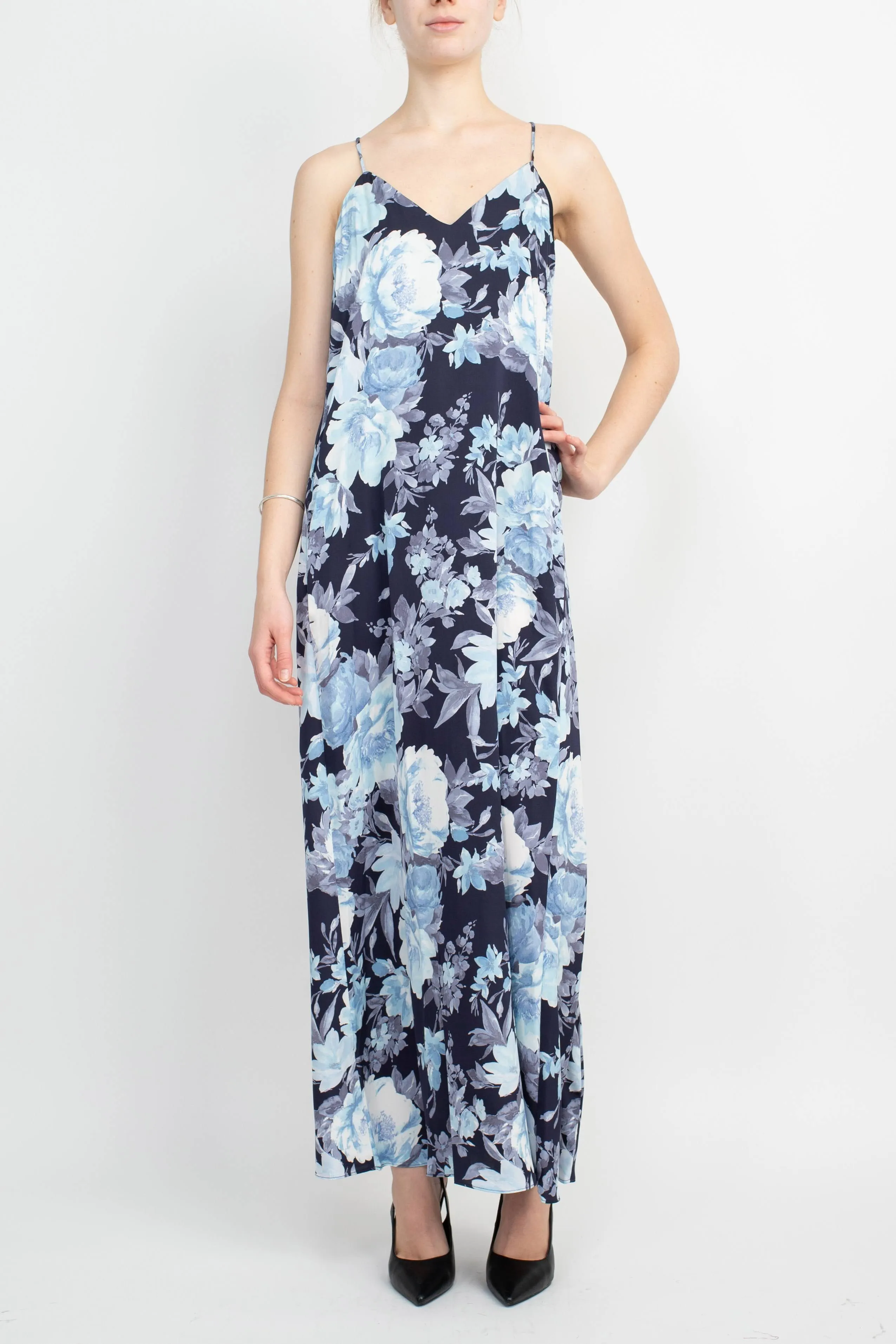 Connected Apparel V-Neck Spaghetti Strap Floral Print Satin Dress with Pockets