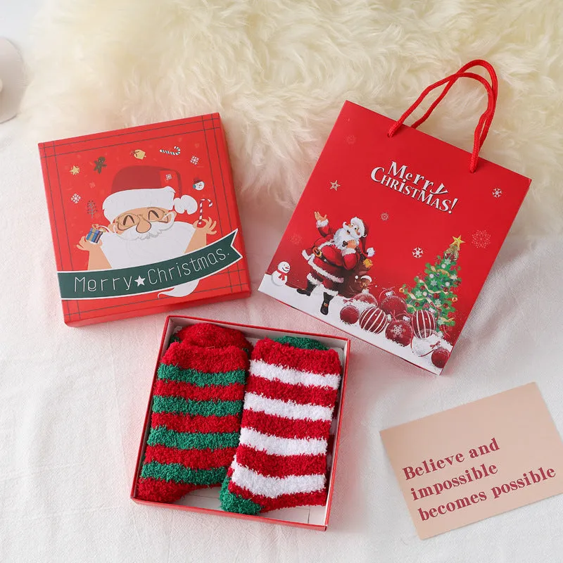 Coral Velvet Christmas Socks Padded Warm Cartoon Socks Gift Box (2 Pairs)