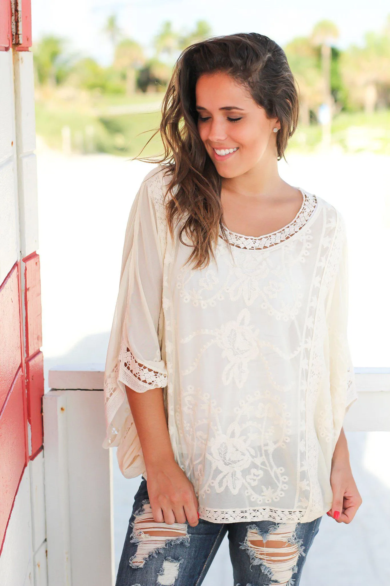 Cream Embroidered Poncho