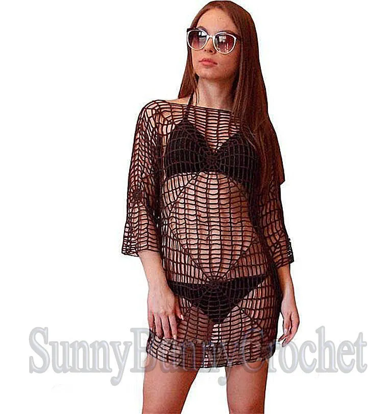 CROCHETED DRESS BEACH Cover Up Sexy Cotton Lace Openwork Short Knitted Tunic Cover Summer Party Mini Dress Top Women Lady Spider Web Boho, S