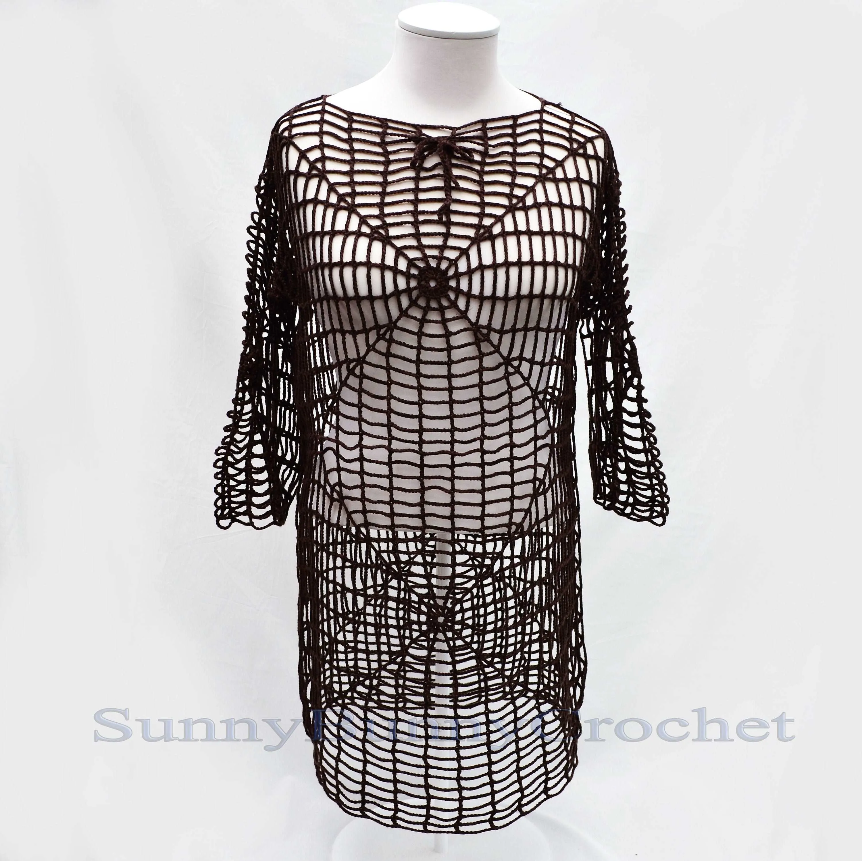 CROCHETED DRESS BEACH Cover Up Sexy Cotton Lace Openwork Short Knitted Tunic Cover Summer Party Mini Dress Top Women Lady Spider Web Boho, S