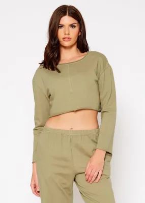 Cropped Scoop Neck Terry Sweatshirt In Olive