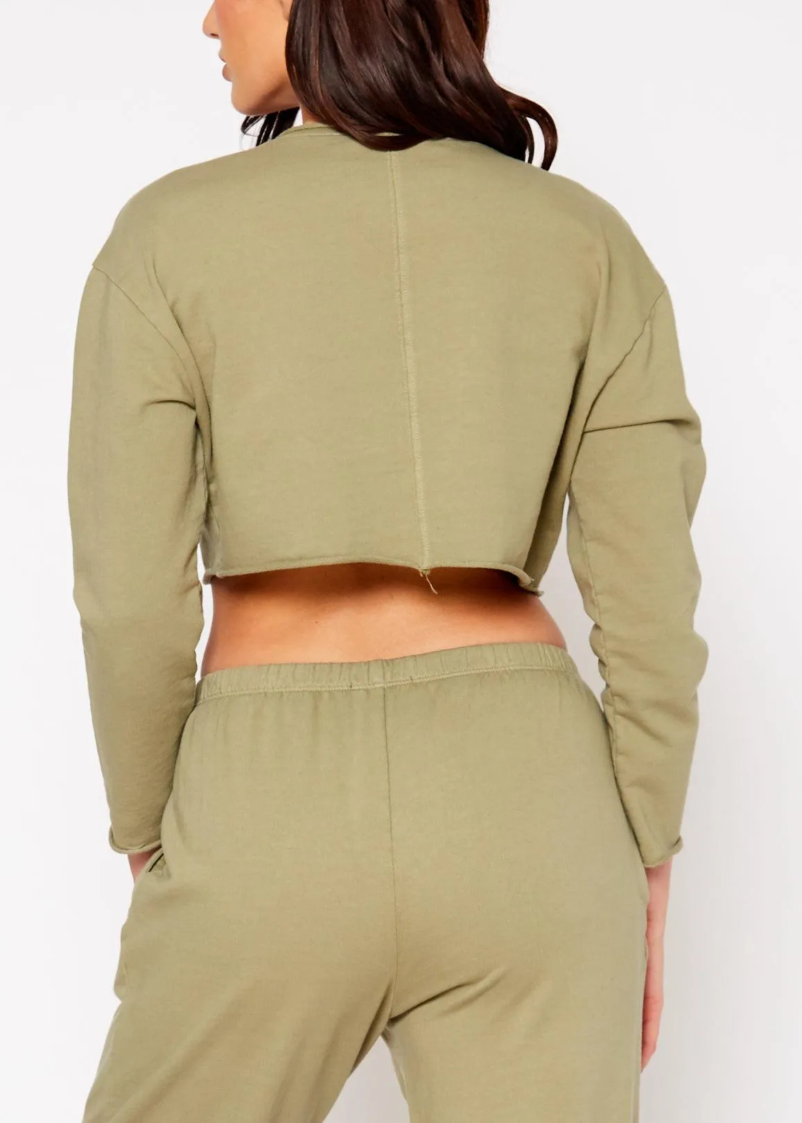 Cropped Scoop Neck Terry Sweatshirt In Olive