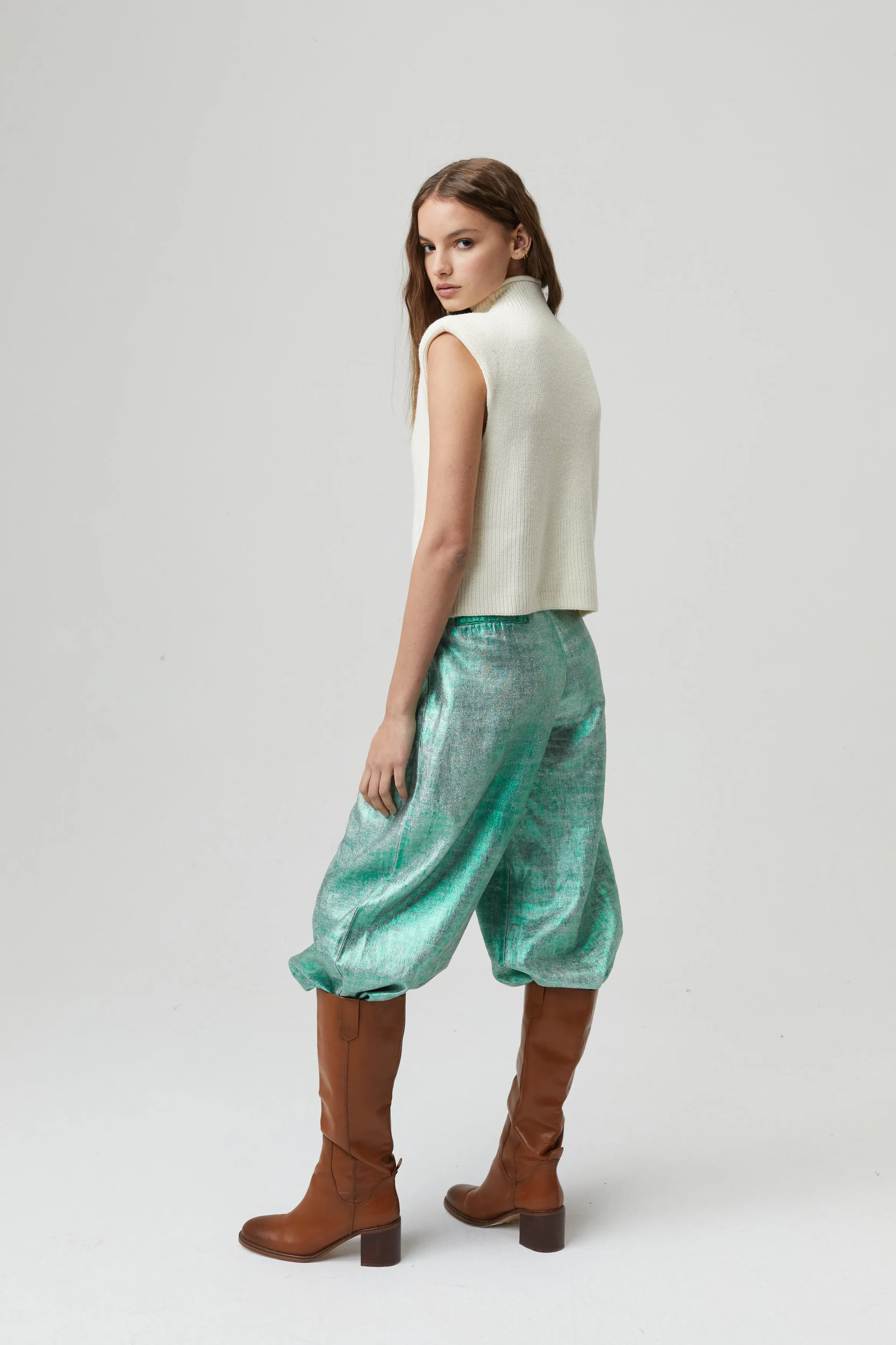 Culotte Metallic Linen Pants - Emerald Green