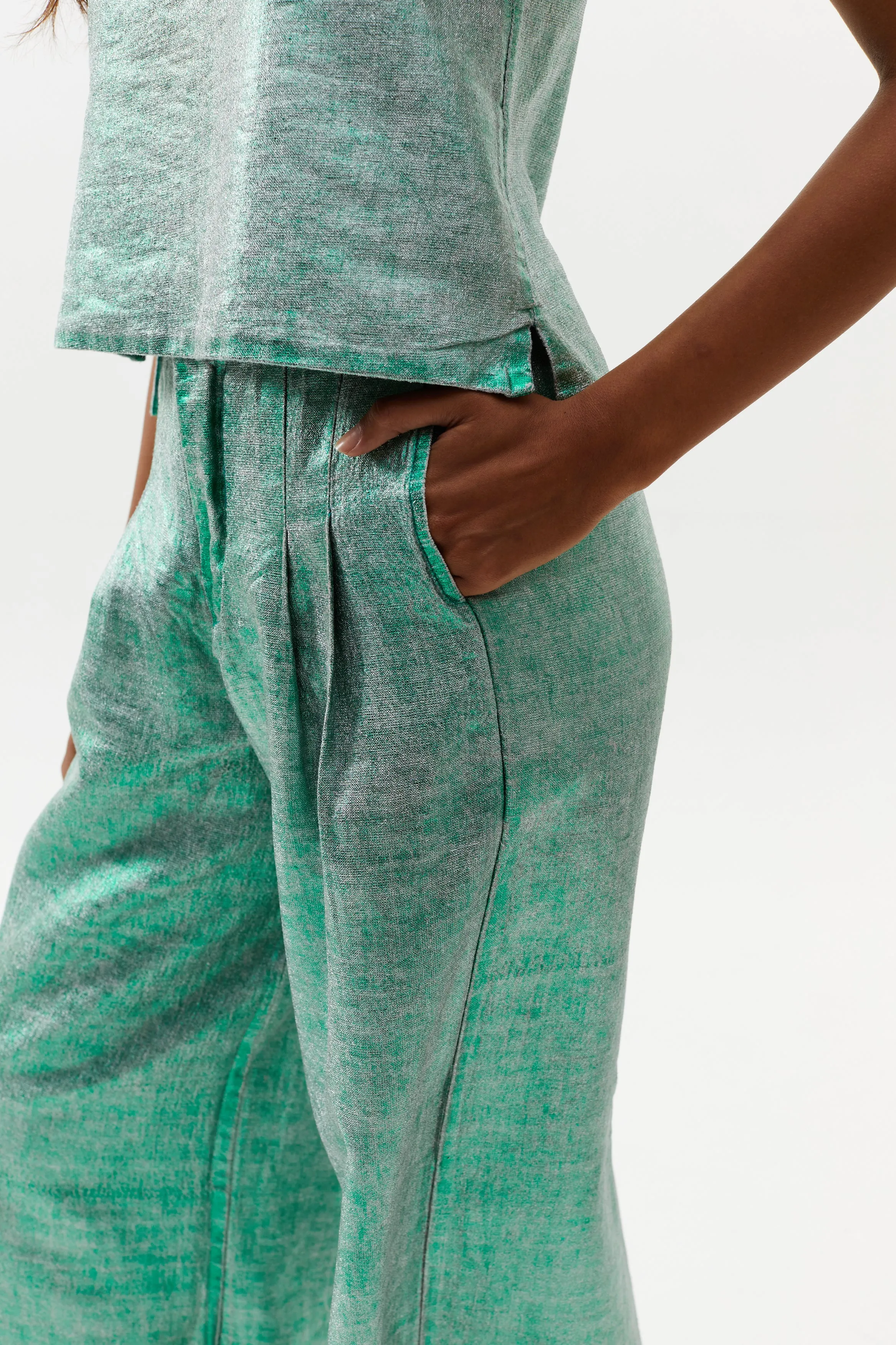 Culotte Metallic Linen Pants - Emerald Green