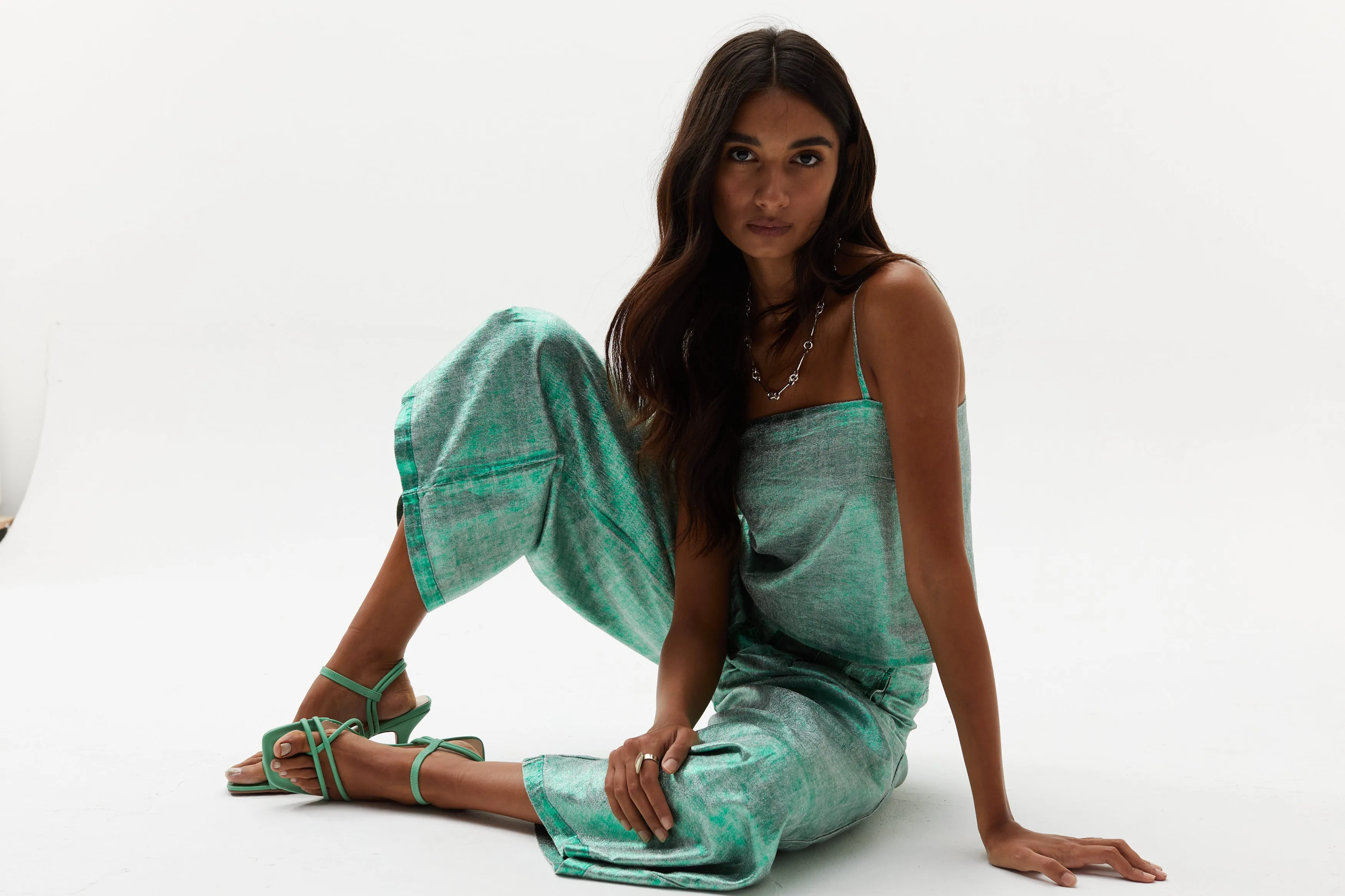 Culotte Metallic Linen Pants - Emerald Green