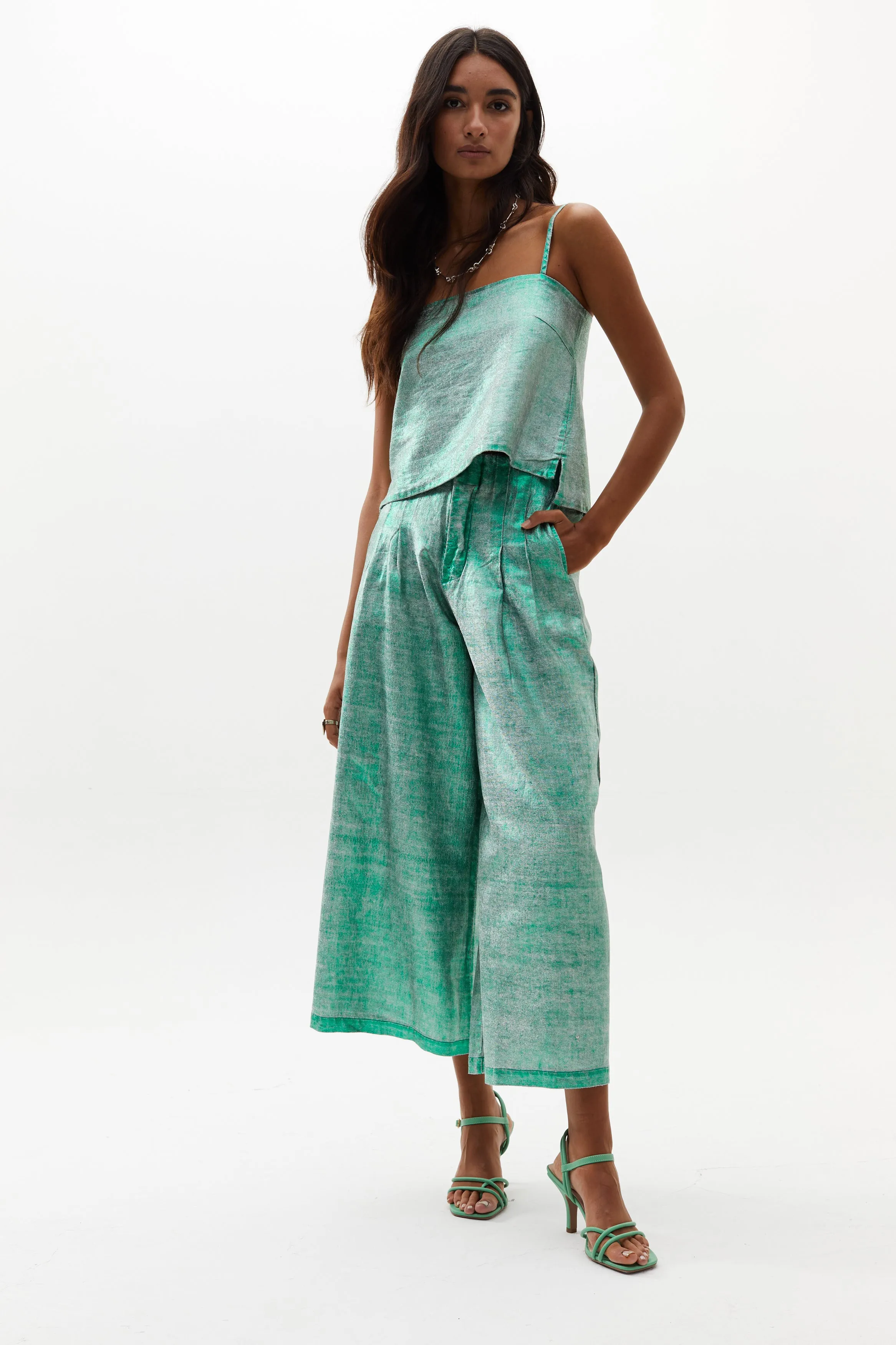 Culotte Metallic Linen Pants - Emerald Green