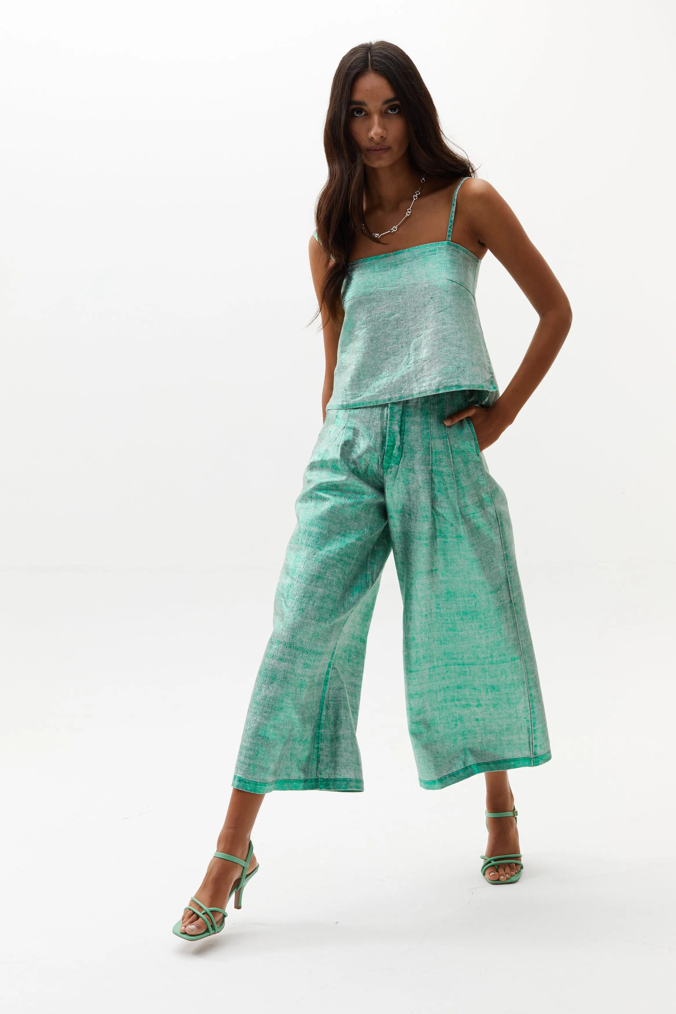 Culotte Metallic Linen Pants - Emerald Green