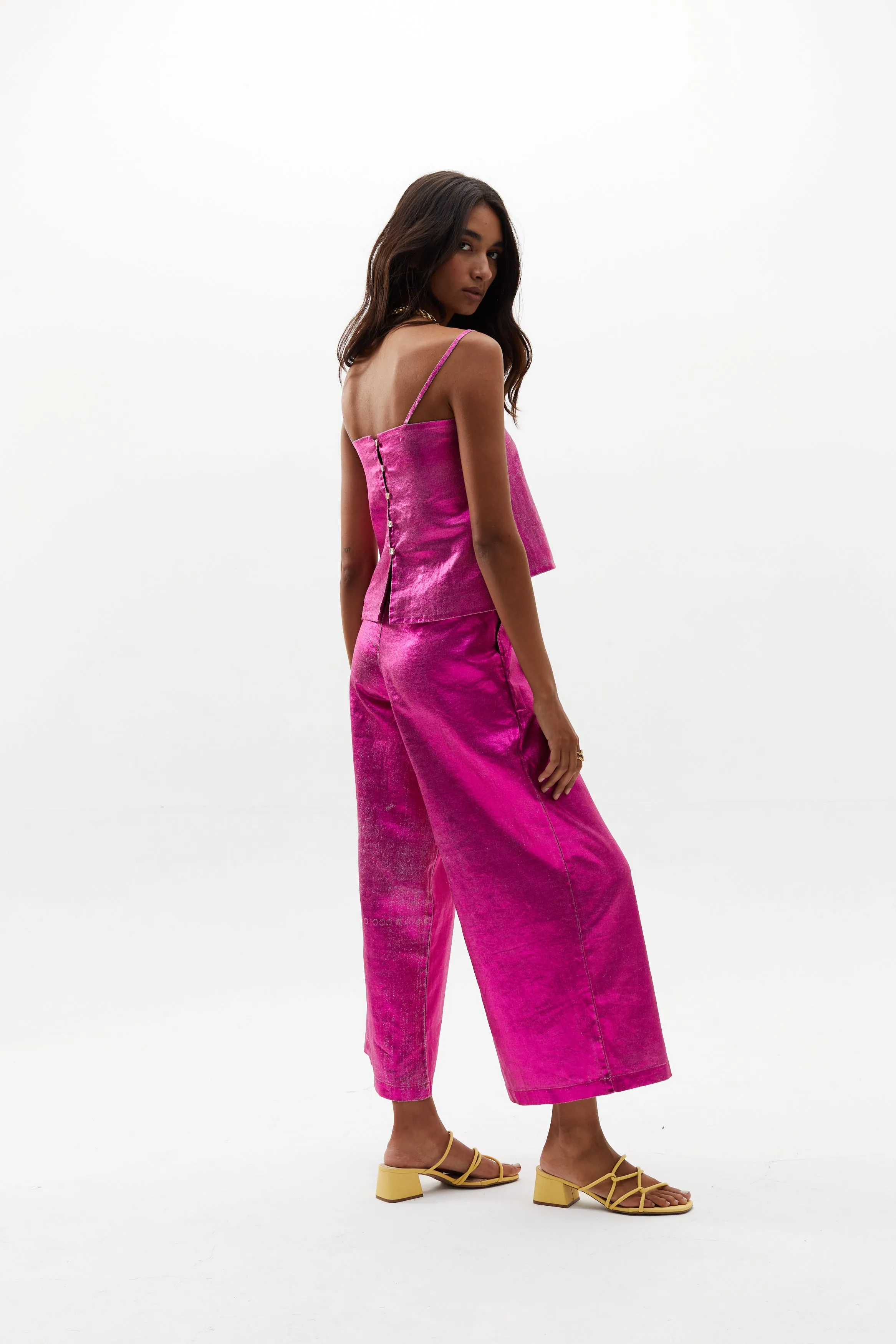 Culotte Metallic Linen Pants - Fuchsia