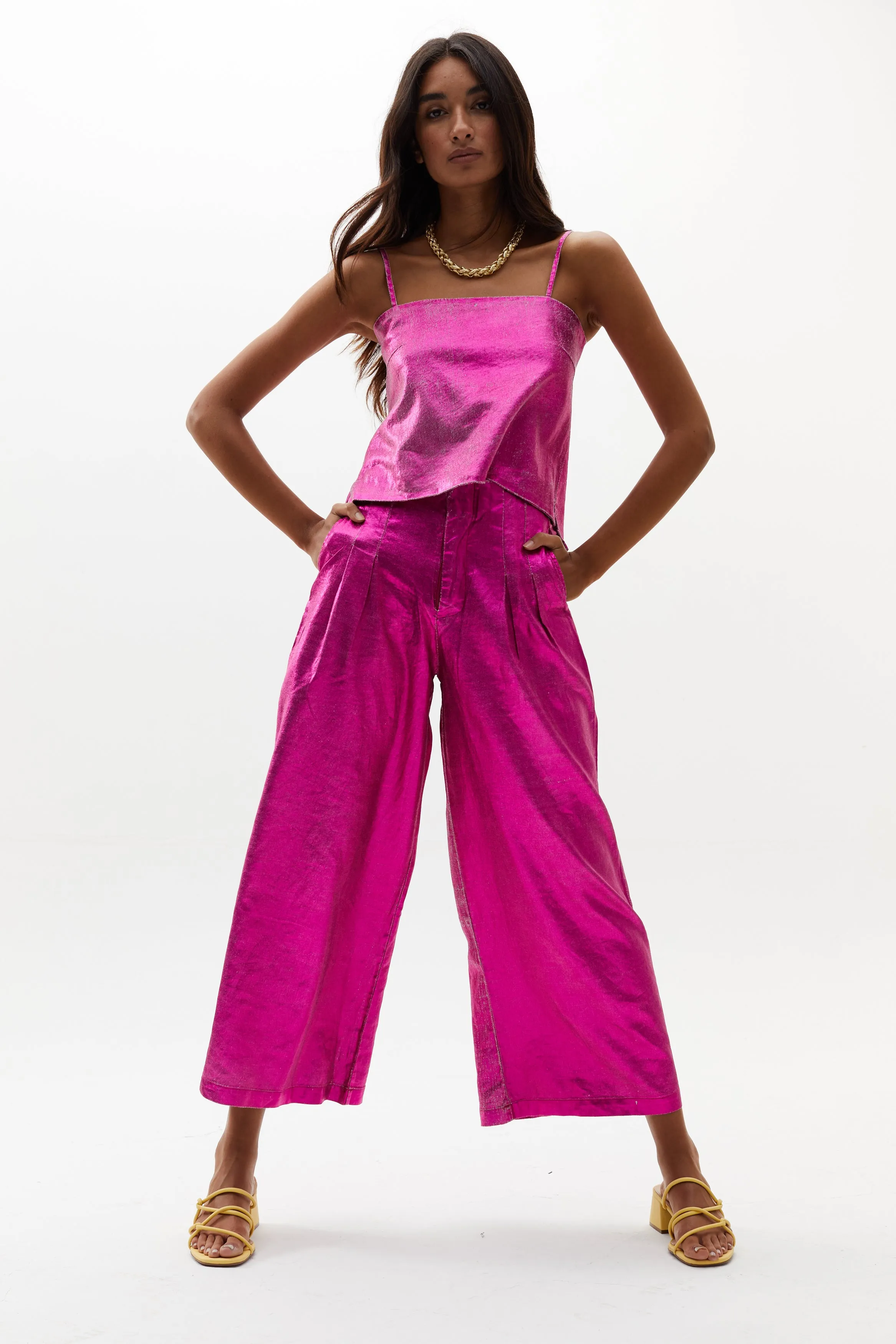 Culotte Metallic Linen Pants - Fuchsia