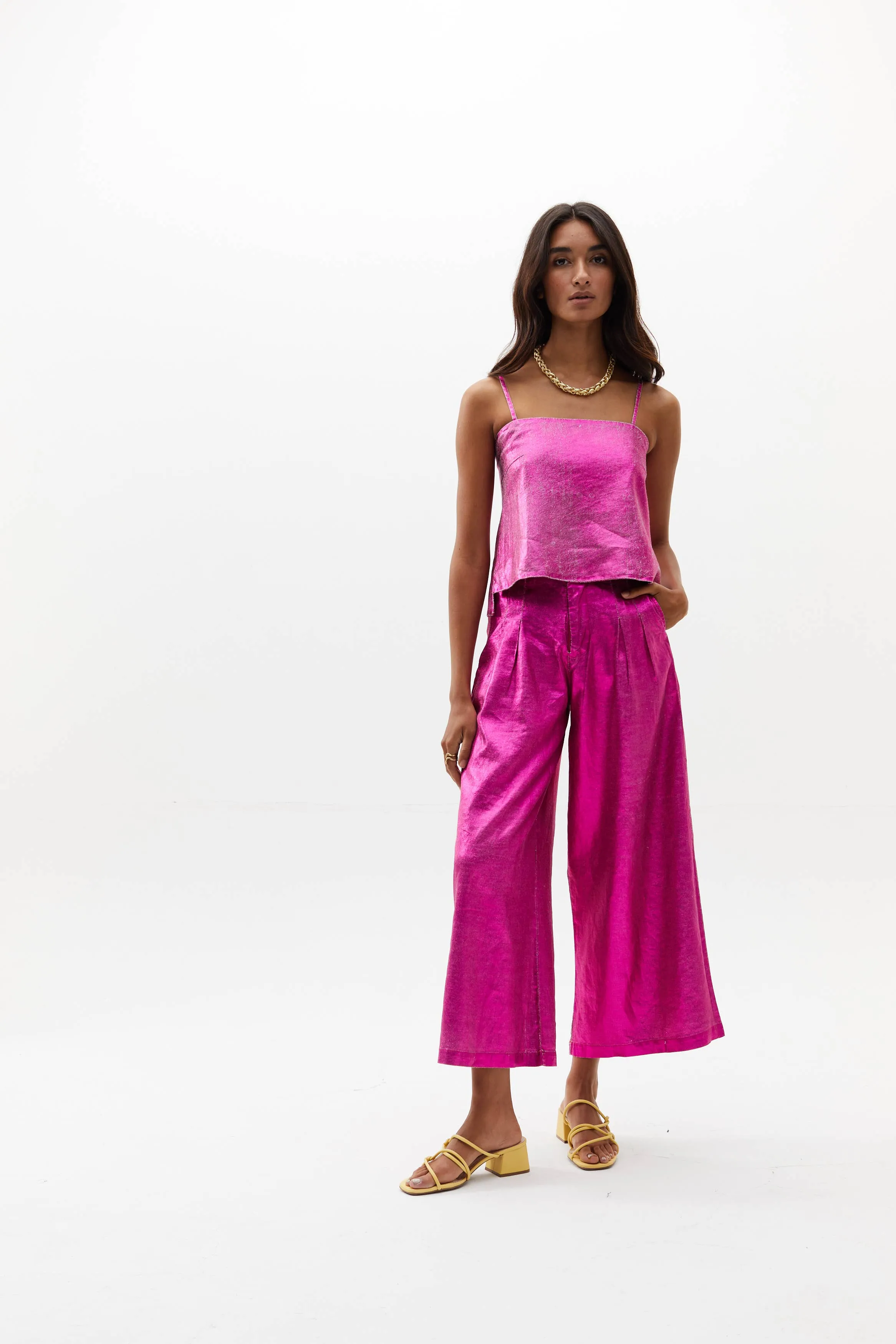 Culotte Metallic Linen Pants - Fuchsia