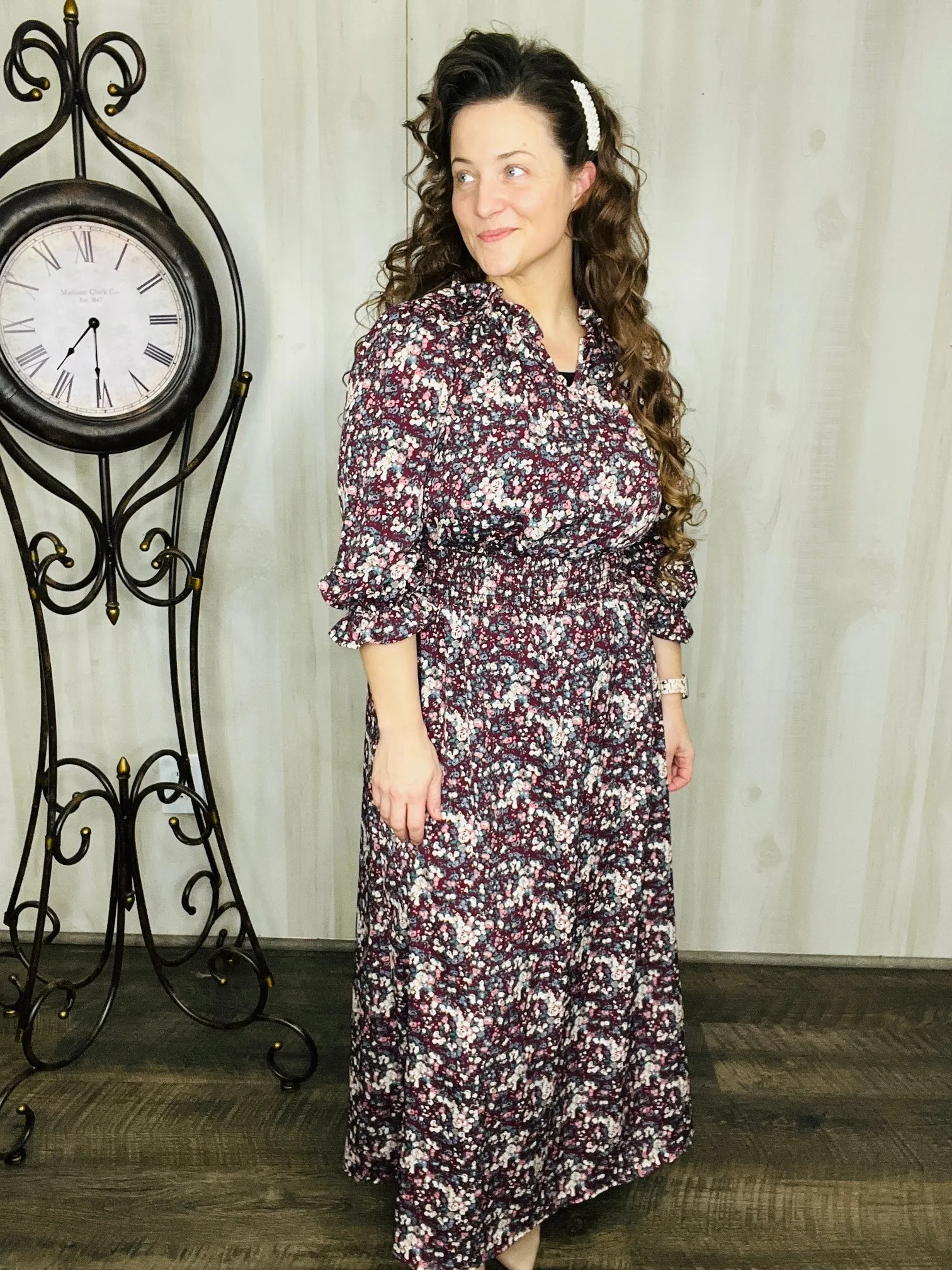 Danielle Floral Midi Dress-Wine