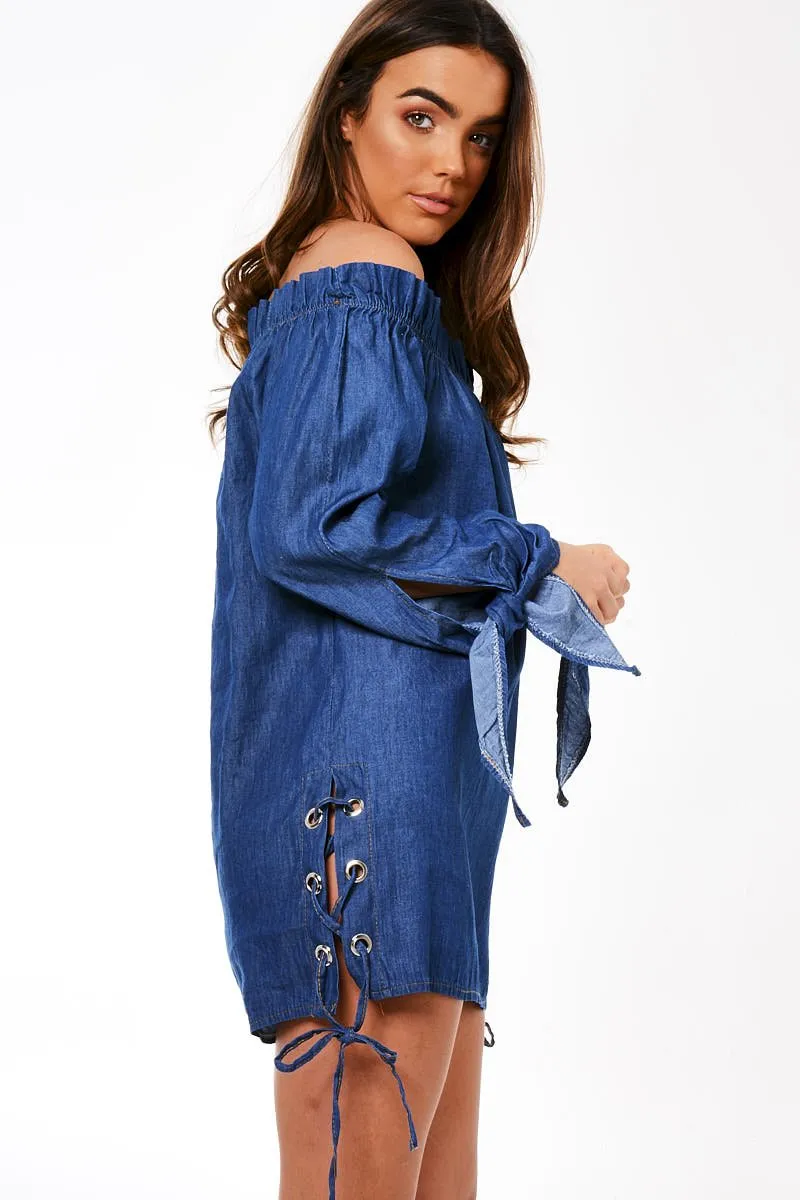 Dark Blue Denim Bardot Mini Dress - Elisha