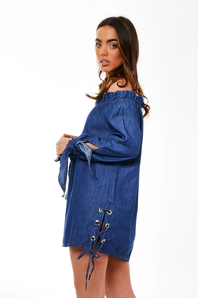 Dark Blue Denim Bardot Mini Dress - Elisha