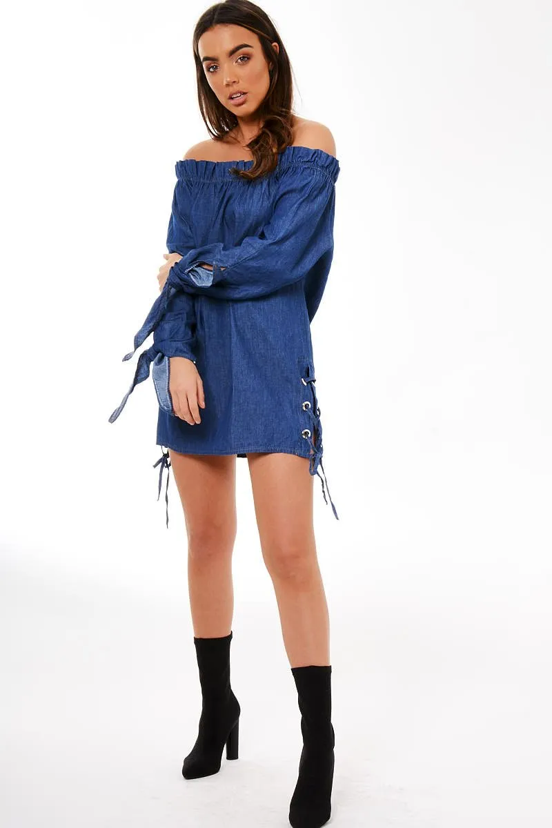 Dark Blue Denim Bardot Mini Dress - Elisha