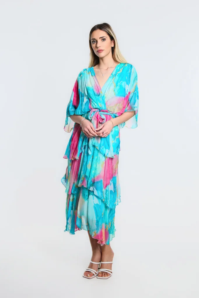 Dawn Abstract Watercolor Cross Front Silk Ruffle Dress (DLS202W)