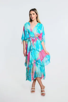 Dawn Abstract Watercolor Cross Front Silk Ruffle Dress (DLS202W)