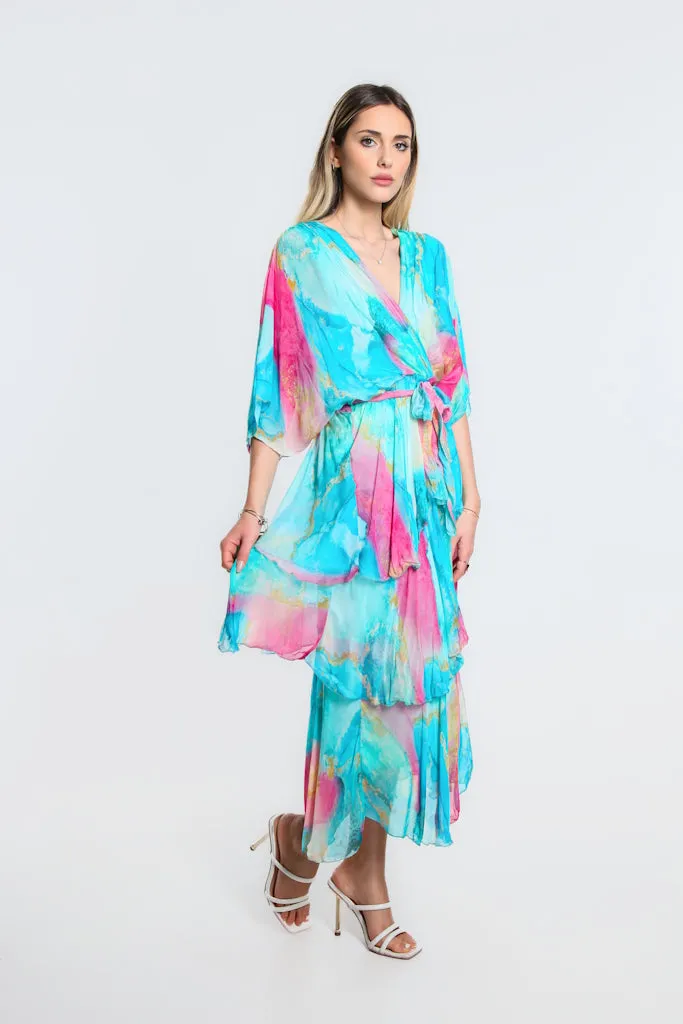 Dawn Abstract Watercolor Cross Front Silk Ruffle Dress (DLS202W)