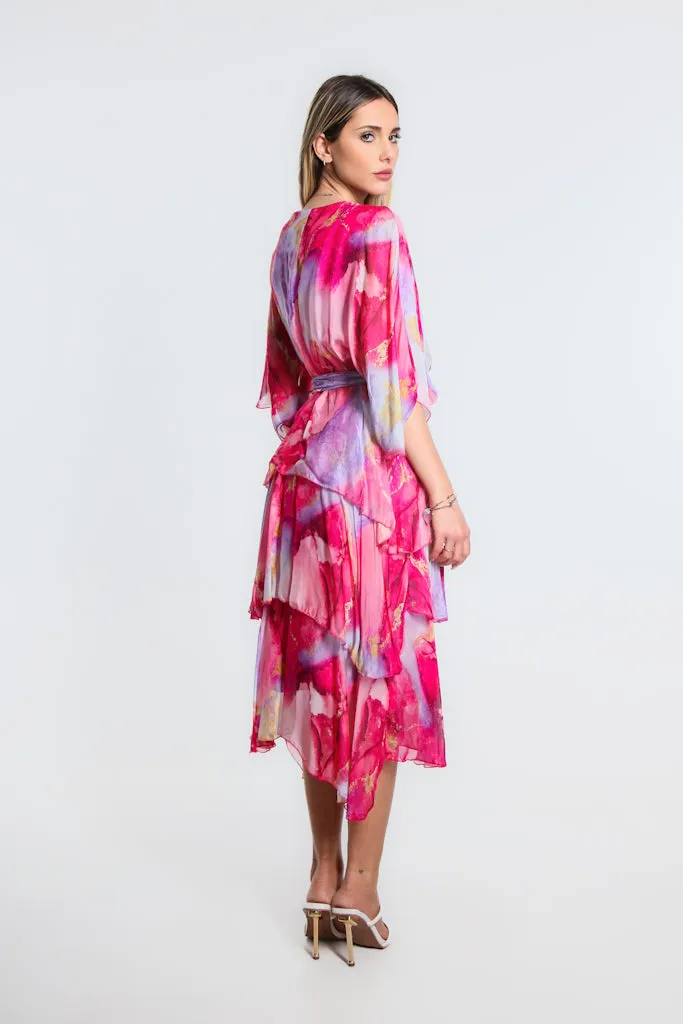 Dawn Abstract Watercolor Cross Front Silk Ruffle Dress (DLS202W)