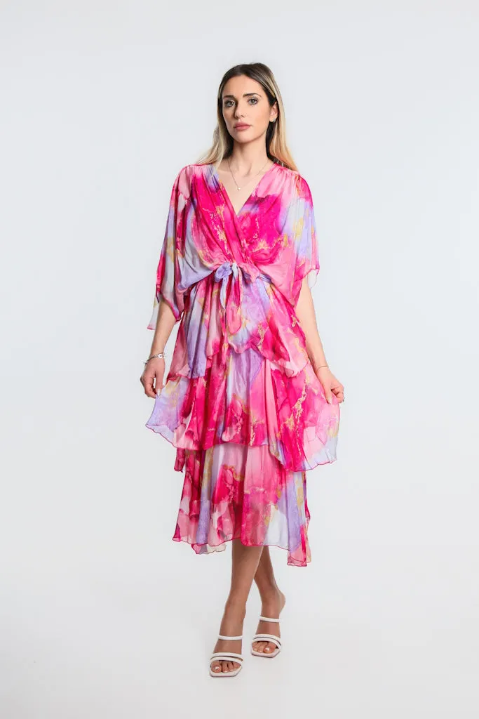 Dawn Abstract Watercolor Cross Front Silk Ruffle Dress (DLS202W)