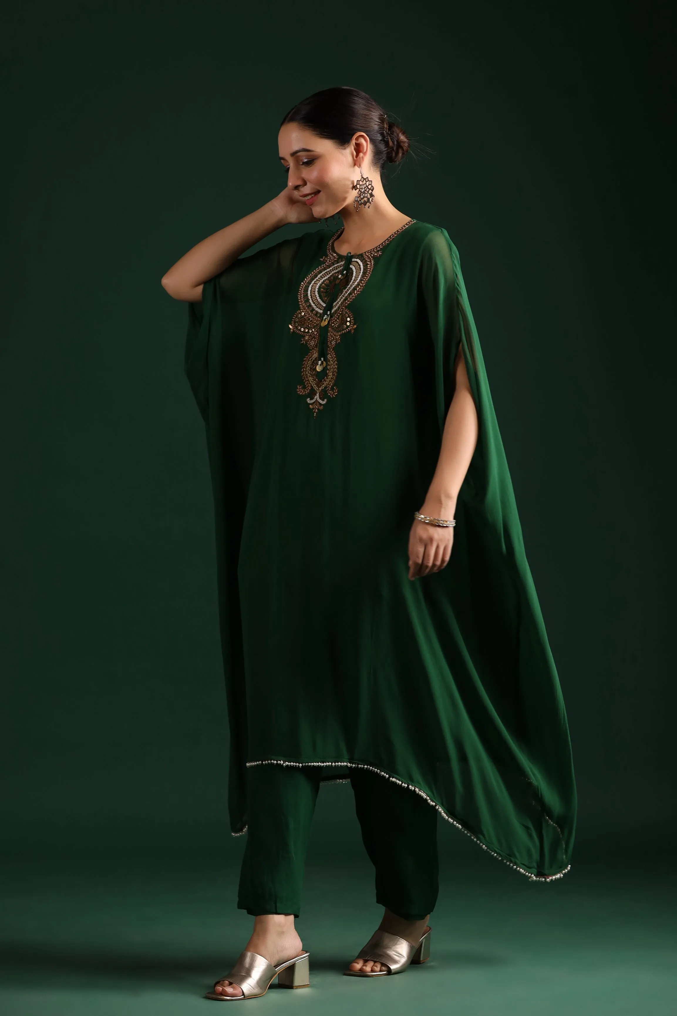 Deep Green Embellished Kaftan Pant Set