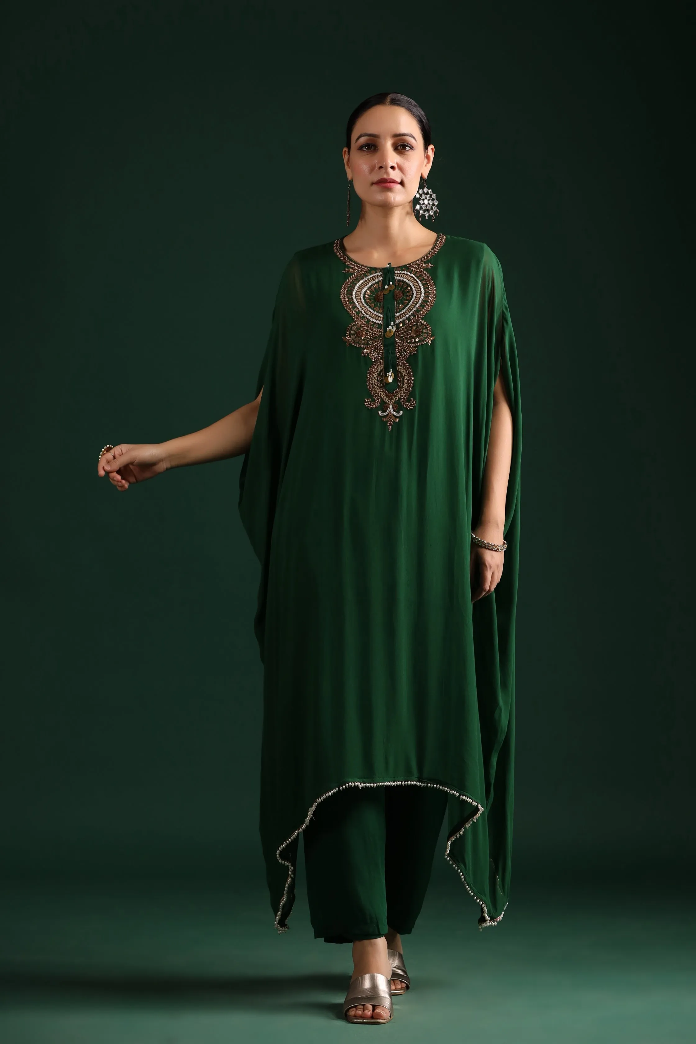 Deep Green Embellished Kaftan Pant Set