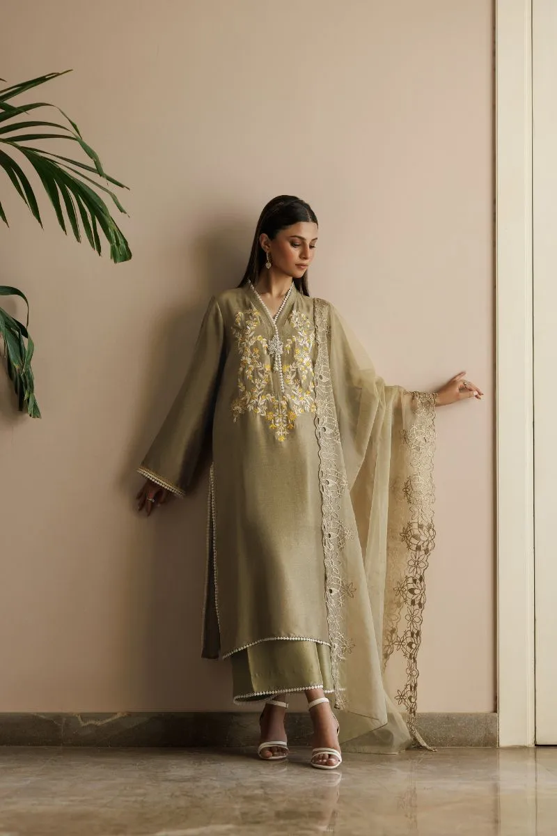 Deepak Perwani - Kut296 - Raw Silk - Green & Ochre - 3 Piece