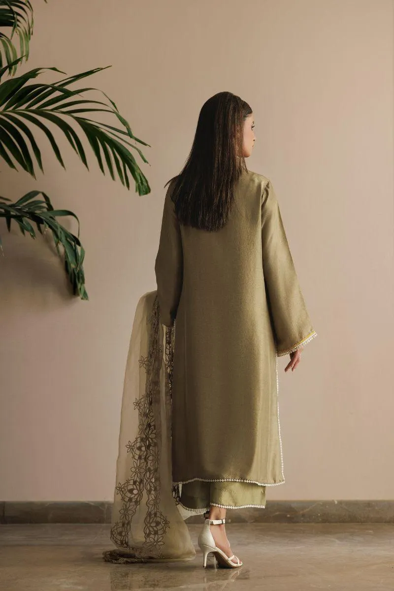 Deepak Perwani - Kut296 - Raw Silk - Green & Ochre - 3 Piece