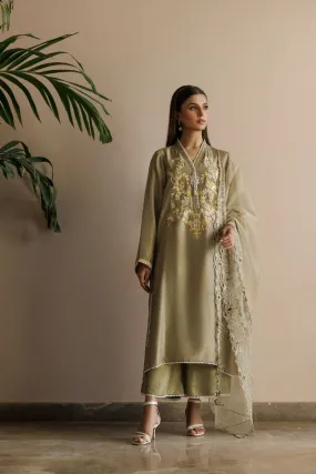 Deepak Perwani - Kut296 - Raw Silk - Green & Ochre - 3 Piece