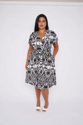 Demi Faux Wrap Dress in Aztec Black