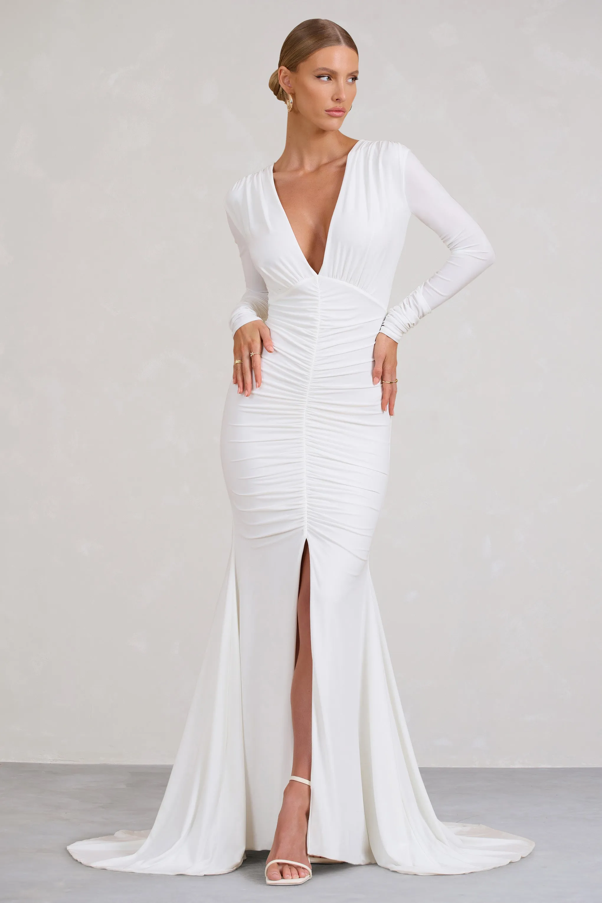 Demure | White Ruched Long-Sleeved Split Fishtail Maxi Dress