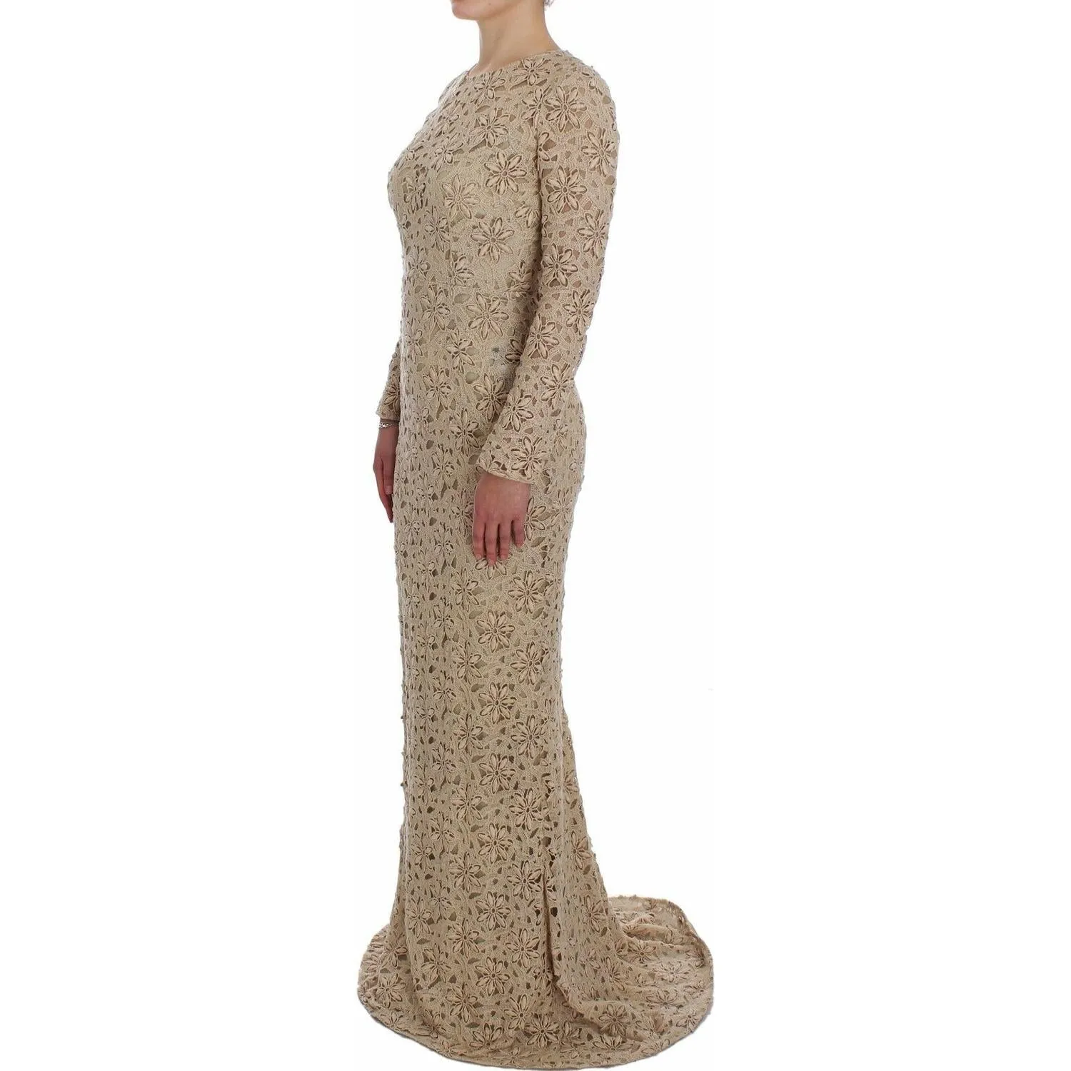 Dolce & Gabbana Beige Floral Lace Long Sleeve Maxi Dress