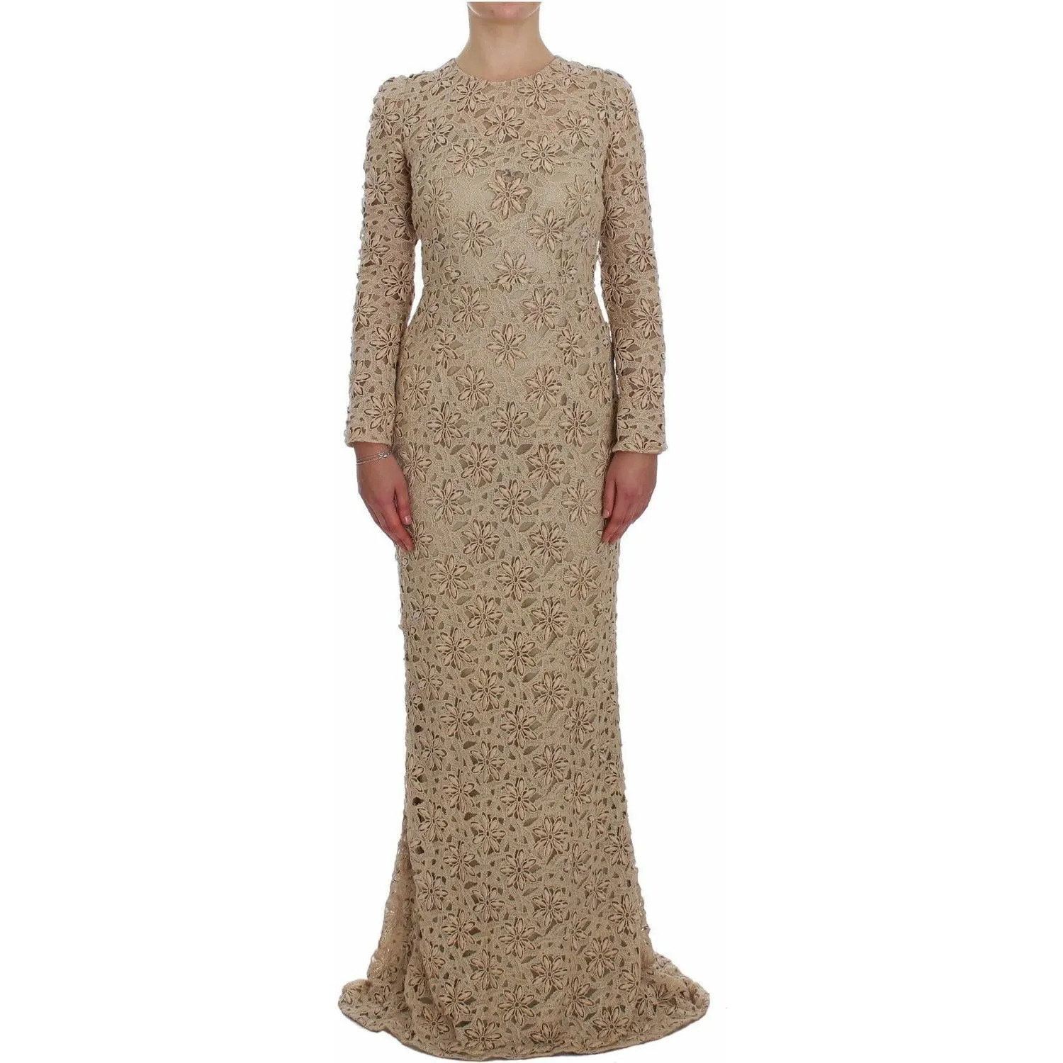 Dolce & Gabbana Beige Floral Lace Long Sleeve Maxi Dress