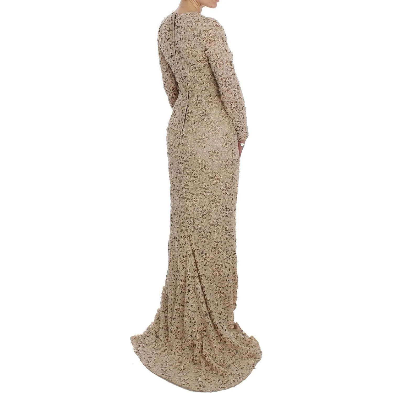 Dolce & Gabbana Beige Floral Lace Long Sleeve Maxi Dress