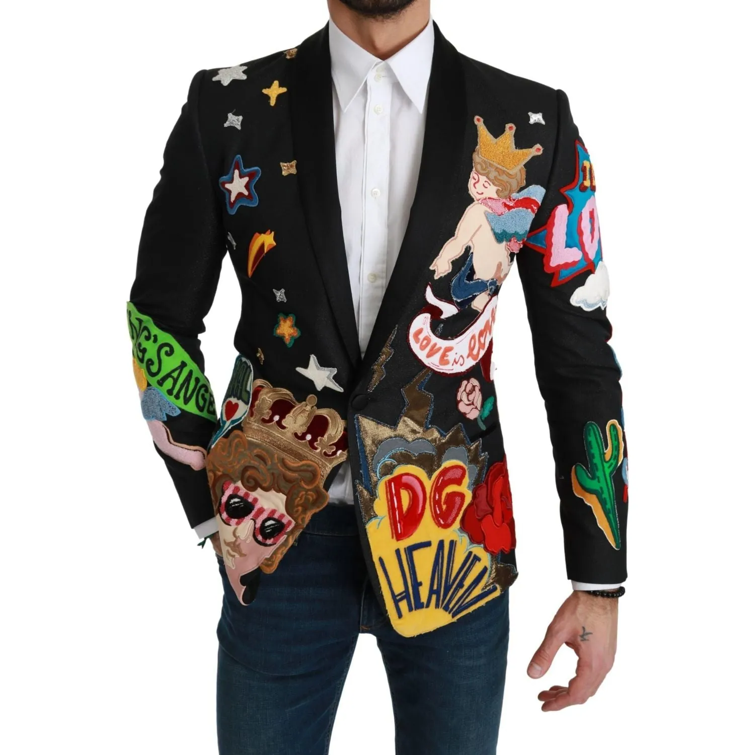 Dolce & Gabbana Chic Black Multicolor Motif Slim Fit Blazer