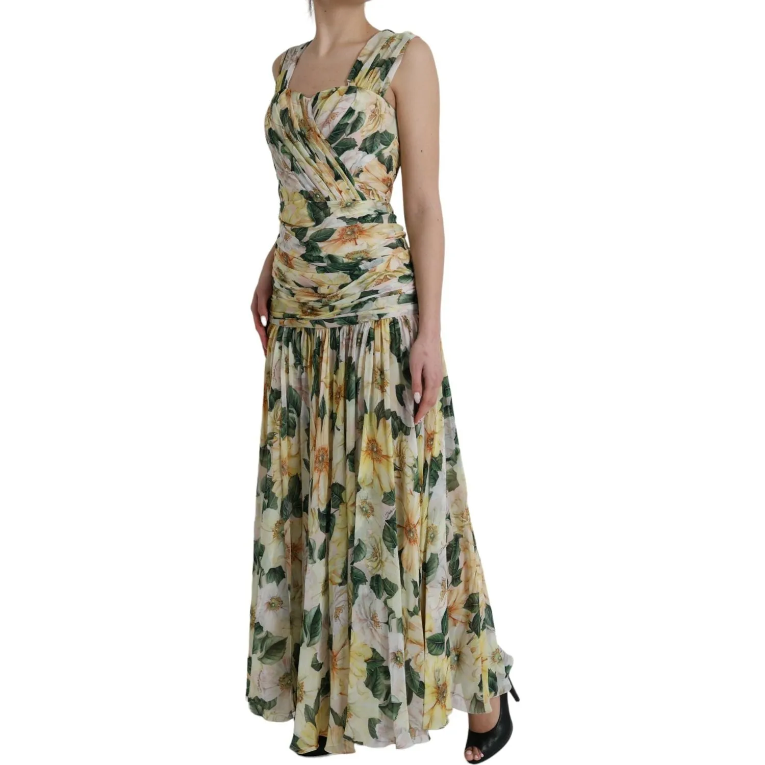 Dolce & Gabbana Yellow Floral Print Silk Pleated Maxi Dress