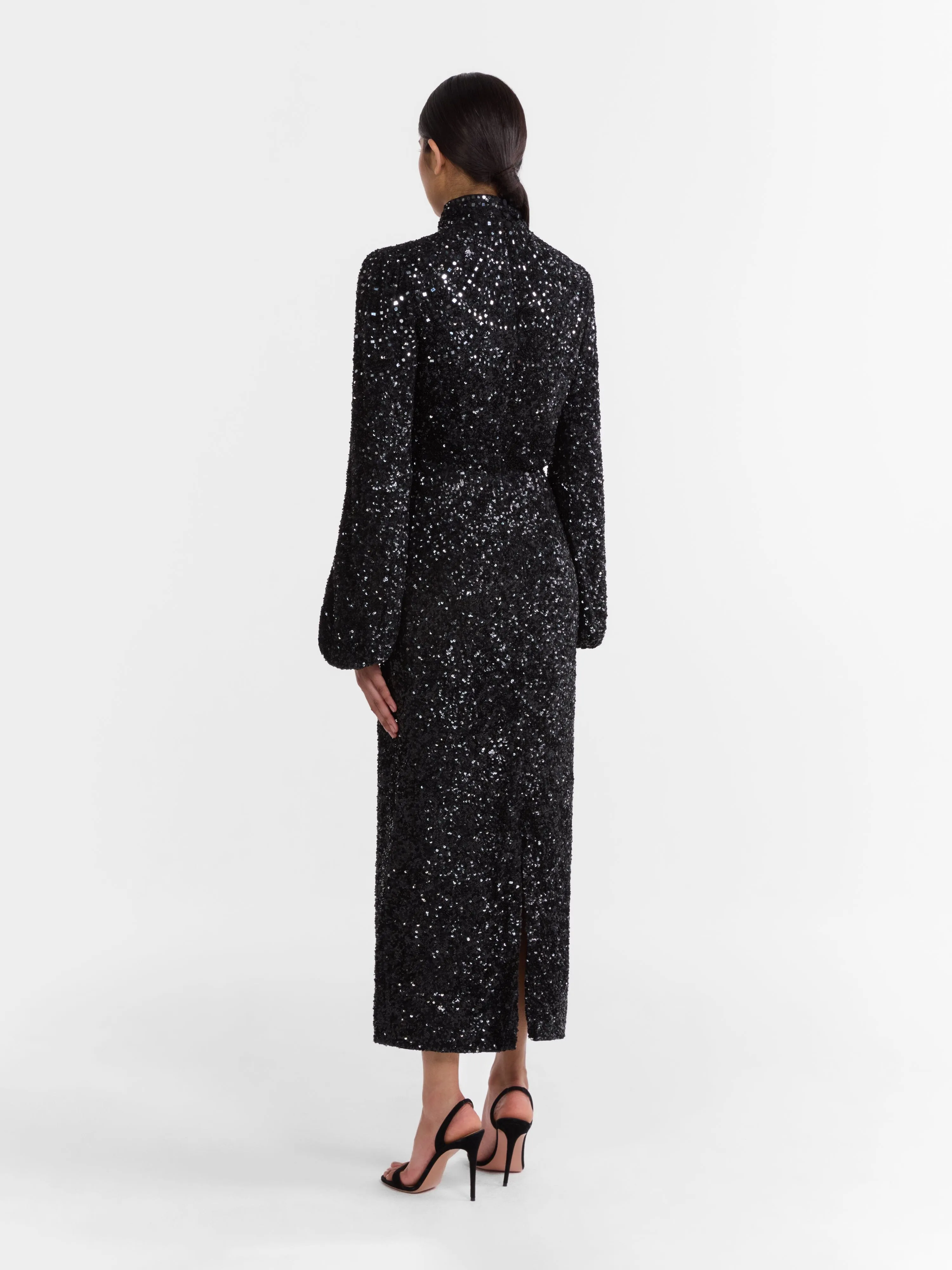 Domino Dress in Black Mirror Embroidery