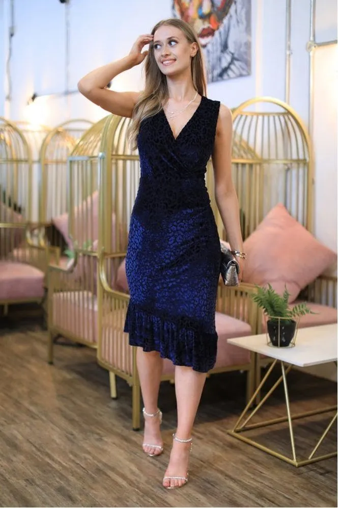 Double Second Blue Velvet Leopard Burnout Asymmetric Hem Dress