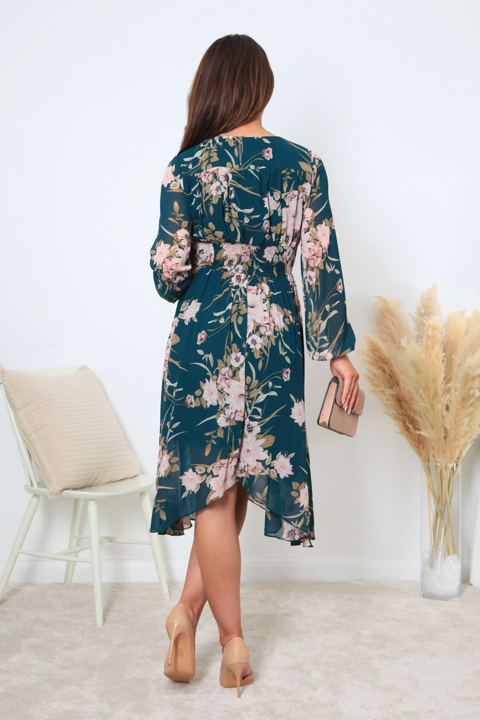 Double Second Green Fixed Wrap Front Printed Chiffon Dress