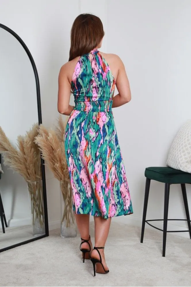 Double Second Printed Halterneck Satin Dress