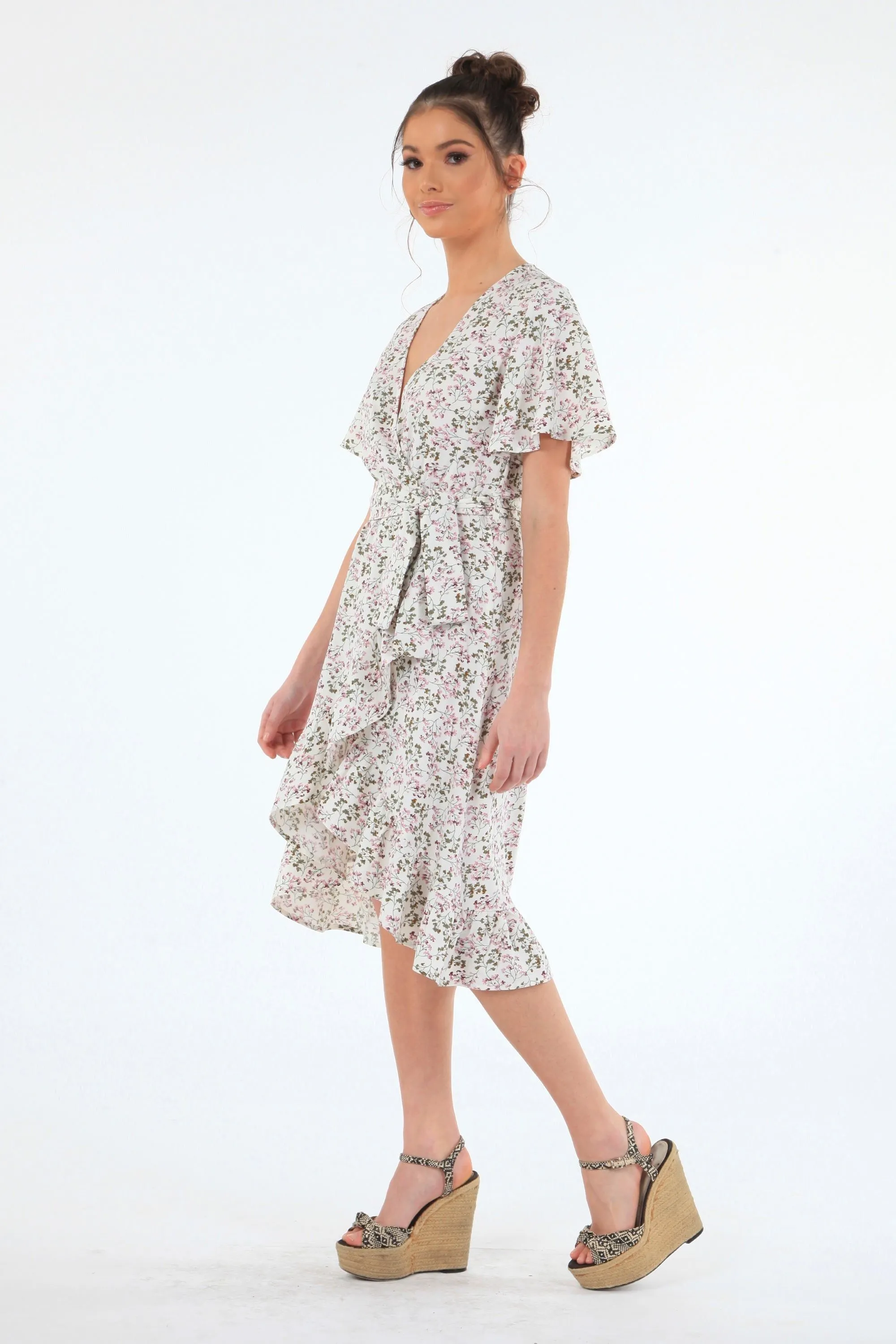 Double Second White Print Tea Sleeves Back Wrap Dress