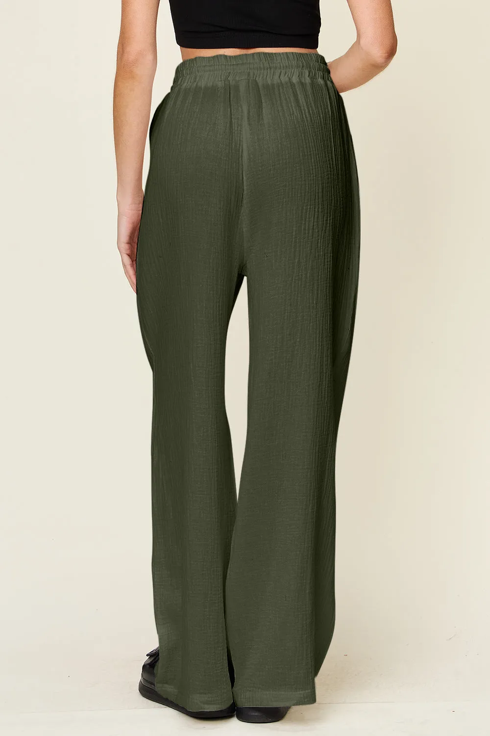 Double Take Full Size Texture Drawstring Wide Leg Pants