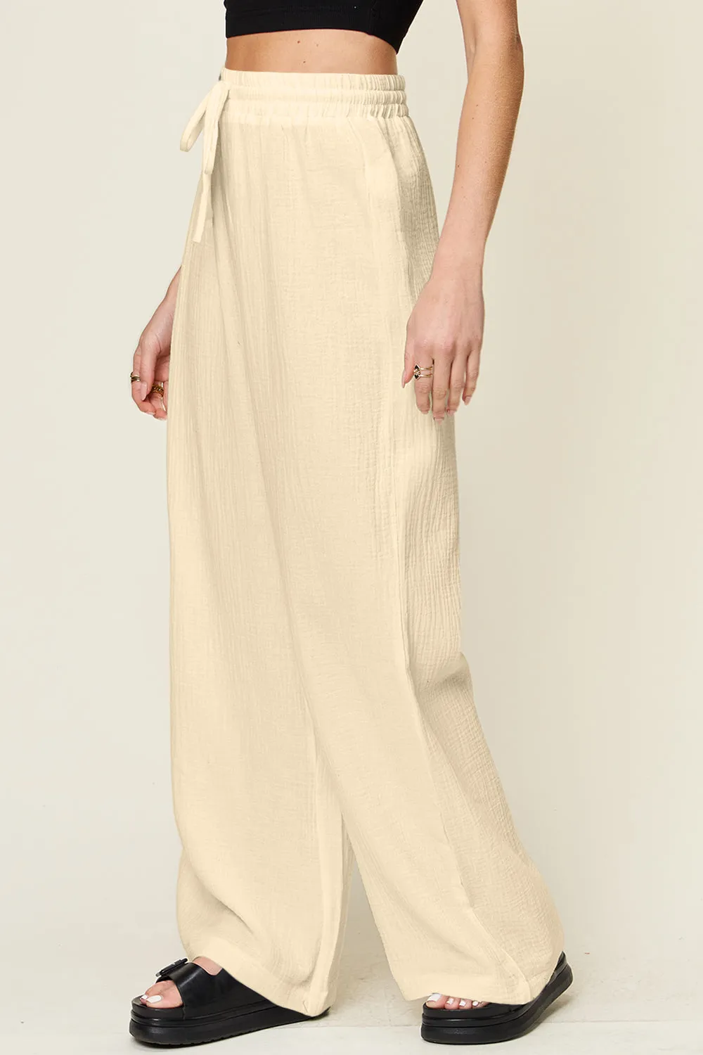 Double Take Full Size Texture Drawstring Wide Leg Pants